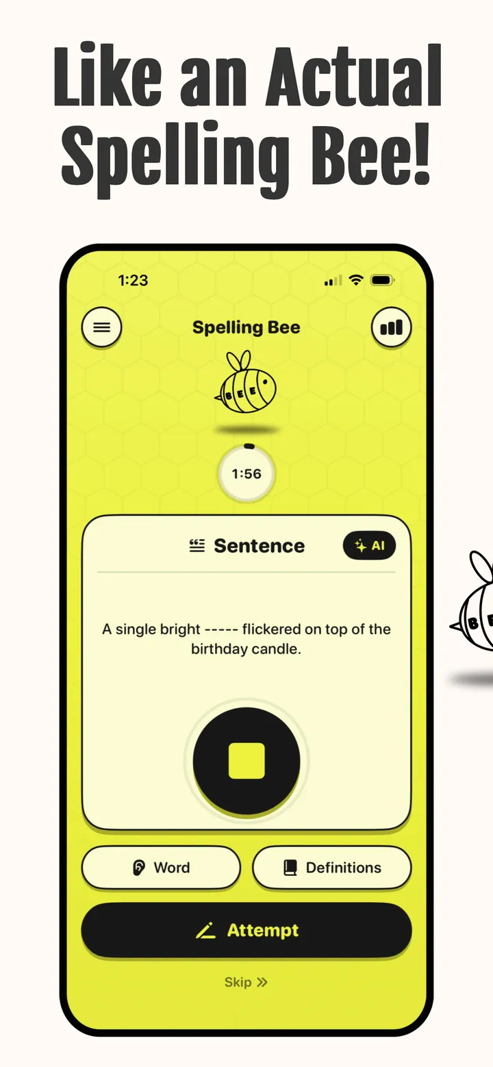Practice screen reading a sentence clue, “A single bright ----- flickered on top of the birthday candle,” with a countdown timer, Word and Definitions buttons and the Attempt button