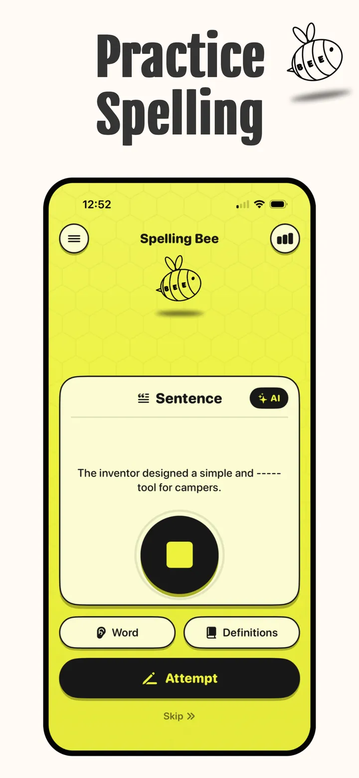 A sentence clue with the word blanked out: “The inventor designed a simple and ----- tool for campers.”