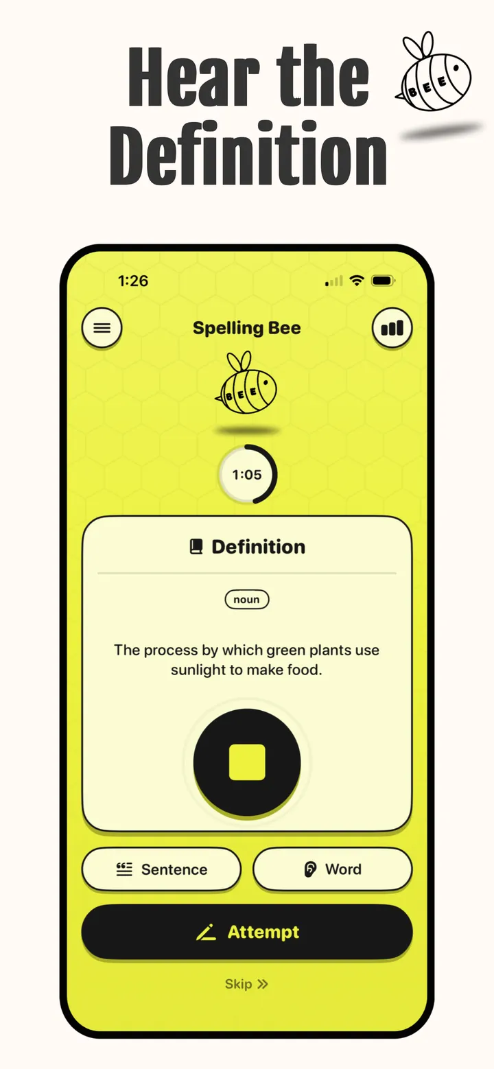 Definition card marked noun: “The process by which green plants use sunlight to make food.”