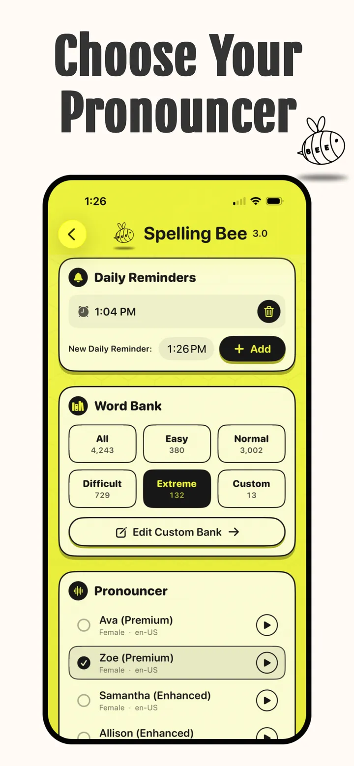 Settings with daily reminders, the word bank levels Easy, Normal, Difficult, Extreme and Custom, and the pronouncer list: Ava, Zoe, Samantha and Allison