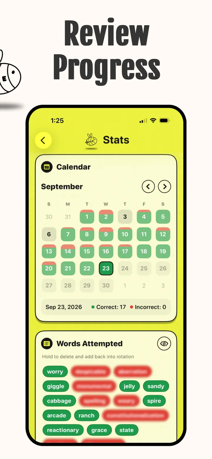Practice calendar with daily correct and incorrect counts, above the list of words attempted