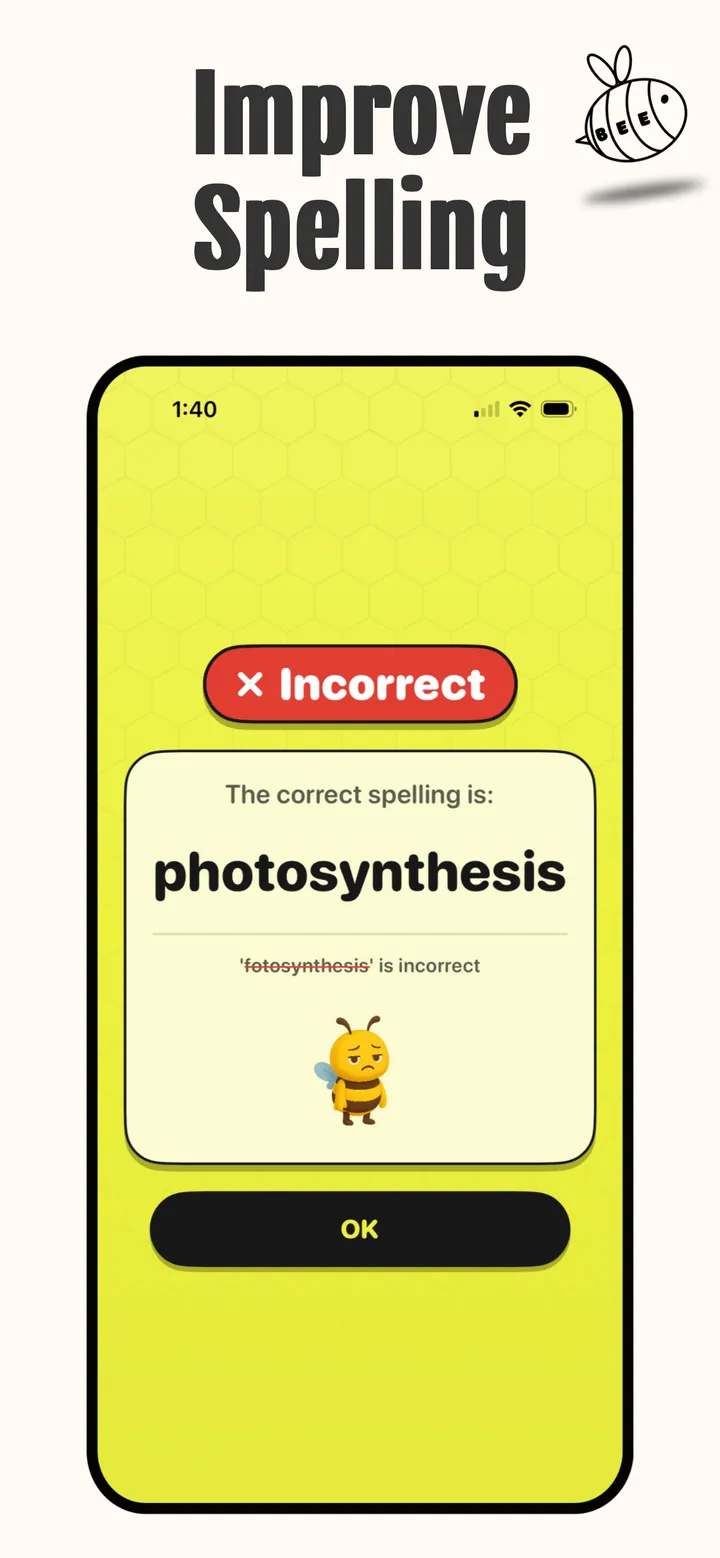 Incorrect screen showing the correct spelling, photosynthesis, under the attempt fotosynthesis